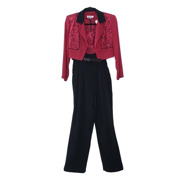 Vintage Pants - Black Wine Jumpsuit, with Cropped Jacket, Jaquard Floral Pattern, by Dawn Joy II